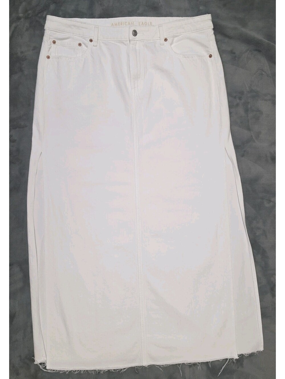 American Eagle Skirt Womens 14 White Denim Low Rise Maxi Side Slits Stretch NWT
